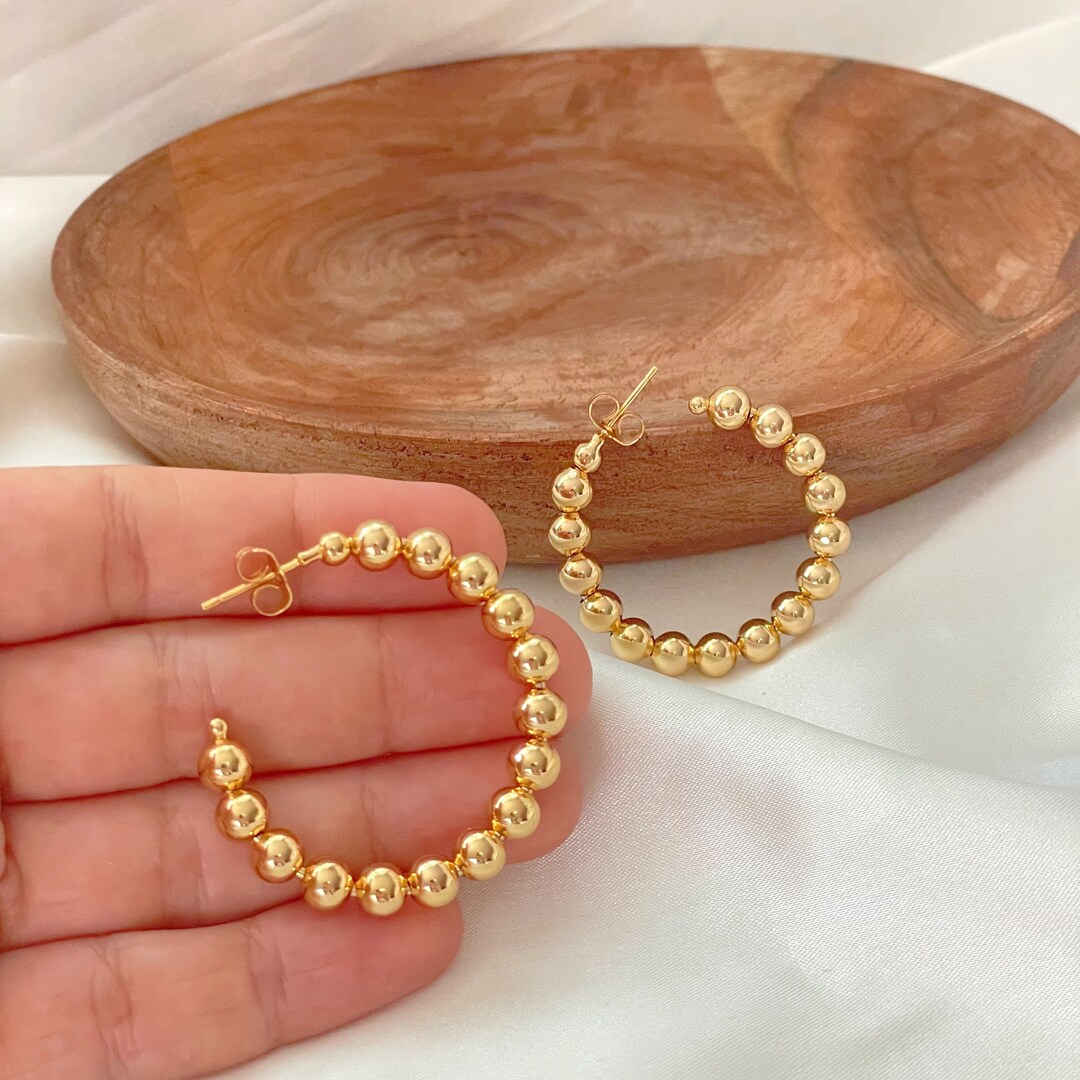 Beaded Chunky Hoop Earrings Gold Hoop Earrings Ball Hoops Etsy