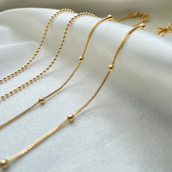 18k gold filled chain necklace, gold beaded chain, dew drops necklace, simple gold beaded necklace, satellite bead necklace, bead chain