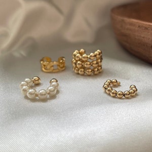Gold filled ear cuff earring, non pierced ear cuff, pearl ear cuff earring, ear cuff earring set, triple beaded ear cuff earrings