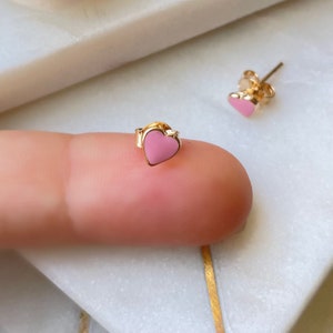 Tiny pink heart earrings, heart stud earrings, pink heart studs, gold filled earrings, christmas gifts, girl earrings