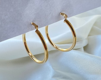 18k gold filled hoop earrings, simple gold hoops, simple medium thick hoops, gold big hoops, everyday earrings, large hoops gold