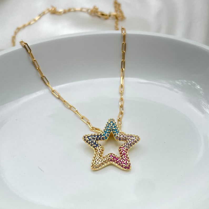layered necklace Chunky Star Necklace chunky chain necklace micro pave star choker necklace gold link chain necklace paperclip necklace
