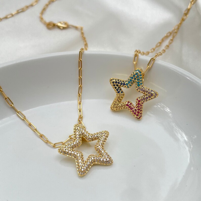 layered necklace Chunky Star Necklace chunky chain necklace micro pave star choker necklace gold link chain necklace paperclip necklace