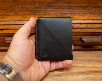 Handmade Black Leather Flap Wallet: Minimalist Slim Card Holder