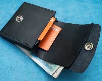 Handmade Black Leather Vertical Wallet: Flap Coin & Card Holder