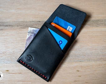 Hand Stitched Black Leather Slim Wallet: Minimalist Flap Wallet