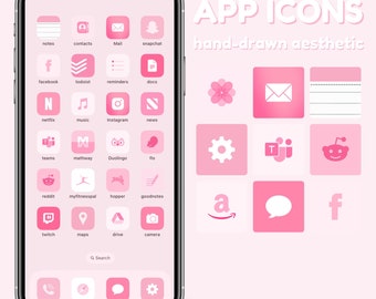 May include: A pink iPhone screen with a grid of app icons in a hand-drawn aesthetic. The icons are for popular apps like Netflix, Instagram, Reddit, and Amazon.