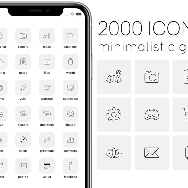 2000+ minimalistic light gray & black ios 14 / 15 app icons, social media set, aesthetic, for iphone and ipad, icon covers, homescreen icons