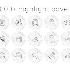 May include: Set of 16 black and white highlight covers with a marble background. The covers feature various icons such as a coffee cup, leaf, sweater, gift box, graduation cap, flowers, notebook, mixing bowl, razor, dumbbell, headphones, hamburger, aeroplane, bone, and a graph.