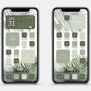 May include: A green and white iPhone home screen with a calendar widget showing December 31st, a clock widget showing 11:05 am, and a grid of app icons with minimalist line drawings. The background is a blurred image of palm leaves.