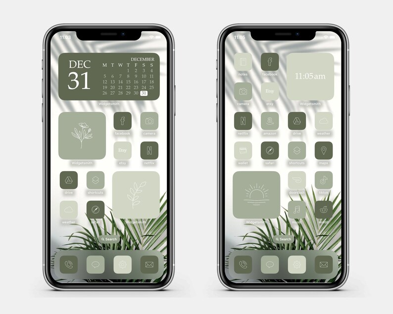 May include: A green and white iPhone home screen with a calendar widget showing December 31st, a clock widget showing 11:05 am, and a grid of app icons with minimalist line drawings. The background is a blurred image of palm leaves.