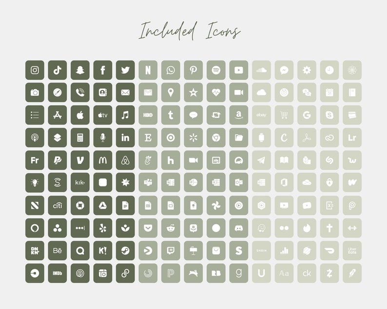 May include: A grid of 100 green squares, each containing a white icon representing a different social media platform or app. The icons include Instagram, TikTok, Snapchat, Facebook, Twitter, Pinterest, YouTube, Amazon, Google, and many more.