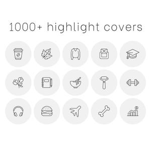 Könnte beinhalten: Ein Satz von 16 Schwarzweiß-Linien-Icons für Instagram-Highlight-Cover. Die Icons beinhalten eine Kaffeetasse, ein Ahornblatt, einen Pullover, einen Rucksack, eine Abschlusscap, eine Blume, ein Notizbuch und einen Bleistift, eine Schüssel mit einem Schneebesen, einen Rasierer, Hanteln, Kopfhörer, einen Hamburger, ein Flugzeug, einen Knochen und ein Balkendiagramm mit einem Dollarzeichen.