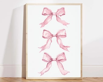 Trendy Pink Bows Wall Art, Coquette Aesthetic Poster, Girly Watercolor Bow Print, Preppy Room Decor, Feminine Wall Art, Cute Apartment Decor
