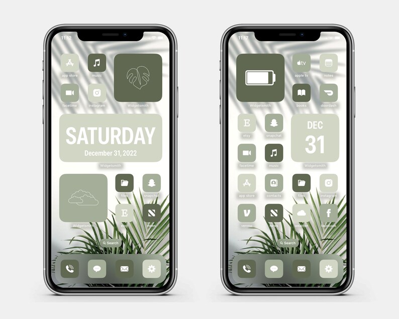 May include: A screenshot of an iPhone with a green and white color scheme. The home screen is customized with icons for apps like Instagram, Snapchat, and Facebook. The date is set to Saturday, December 31, 2022.