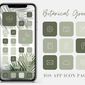 May include: A set of green and beige app icons for an iOS device. The icons feature simple line drawings of common apps, such as a camera, compass, notes, and Facebook. The text "Botanical Green" and "IOS APP ICON PACK" are also included in the image.