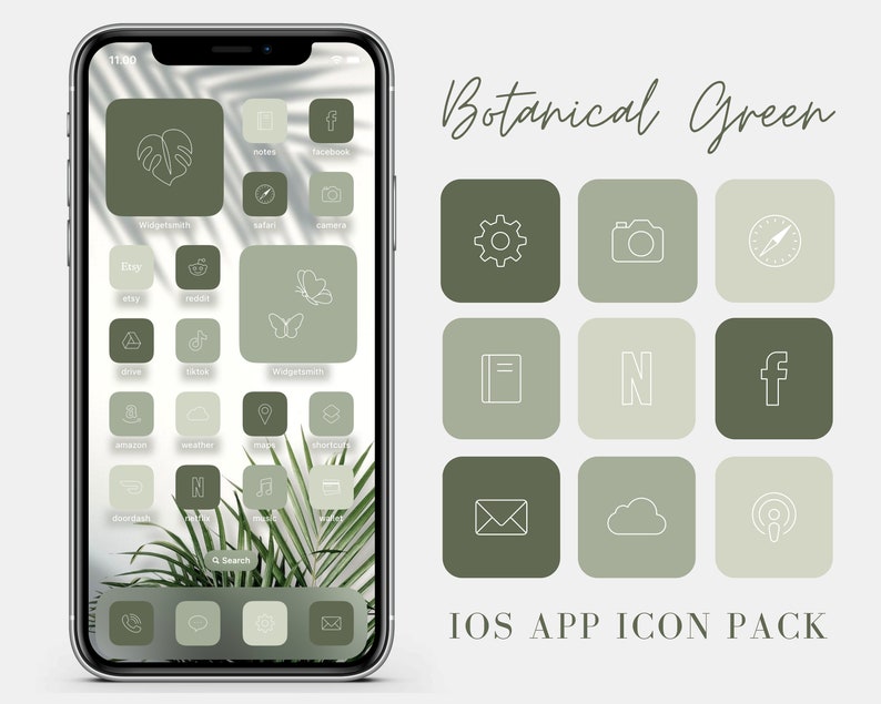 May include: A set of green and beige app icons for an iOS device. The icons feature simple line drawings of common apps, such as a camera, compass, notes, and Facebook. The text "Botanical Green" and "IOS APP ICON PACK" are also included in the image.