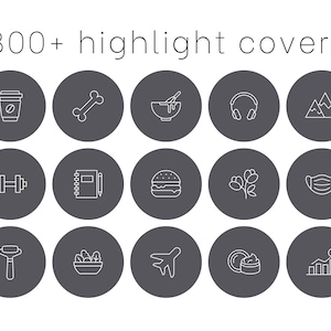 May include: A set of 15 gray circles with white outline icons. The icons include a cup of coffee, a bone, a bowl of batter, headphones, mountains, dumbbells, a notebook and pen, a hamburger, a flower, a face mask, a razor, a bowl of salad, an airplane, a jar of cream, and a bar graph.