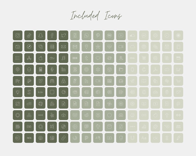 May include: A grid of 100 green and gray squares with white outline icons representing various social media platforms, apps, and websites. The text "Included Icons" is at the top of the grid.