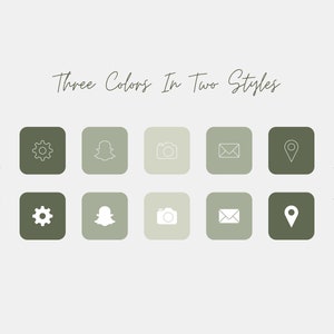 May include: Three Colors In Two Styles: A graphic showing ten icons in two different shades of green and a light beige. The icons are a gear, a ghost, a camera, an envelope, and a location pin.