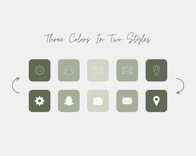 May include: Three Colors In Two Styles: A graphic showing ten icons in two different shades of green and a light beige. The icons are a gear, a ghost, a camera, an envelope, and a location pin.