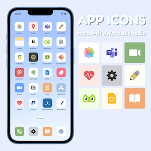 Pode incluir: Uma maquete de iPhone azul com um fundo azul claro. A tela do telefone exibe uma grade de ícones de aplicativos coloridos, incluindo aplicativos populares como Spotify, Zoom e Duolingo. O texto "APP ICONS" e "hand-drawn aesthetic" é exibido acima do telefone.