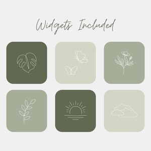 May include: Six green square icons with white line drawings of a monstera leaf, two butterflies, a flower, a branch, a sun setting over water, and clouds. The text "Widgets Included" is above the icons.