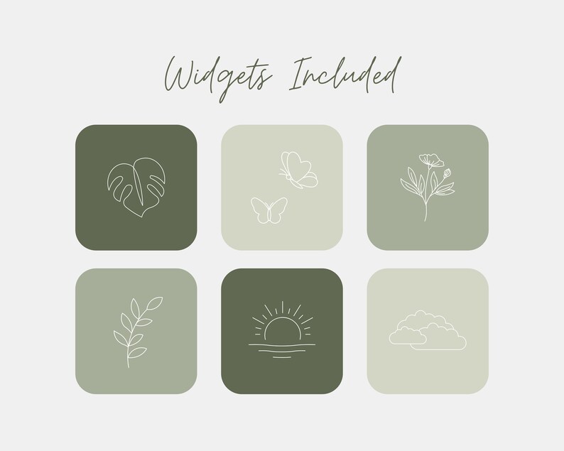 May include: Six green square icons with white line drawings of a monstera leaf, two butterflies, a flower, a branch, a sun setting over water, and clouds. The text "Widgets Included" is above the icons.