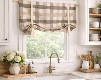 Rustic Check Tie-Up Valance: Country Farmhouse Kitchen Decor