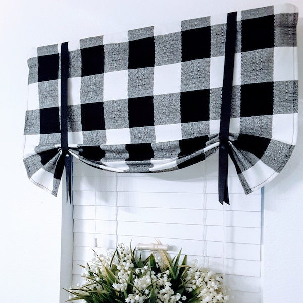 Black Buffalo Check Tie Up Valance, Farmhouse Valance, Tie Up Valance, Kitchen Valance, Nursery Room Valance, Country Valance