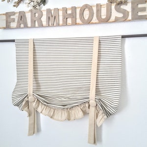 Farmhouse Gray And Ivory Ticking Tie Up Valance, Ticking Valance, Rustic Valance, Ruffle Valance, Country Valance, Rustic Valance