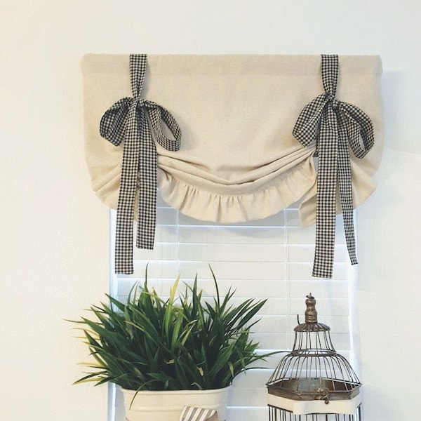 Natural Osnaburg Tie-Up Valance: Farmhouse Kitchen Curtain, Rustic Window Treatment, Ruffle Panel