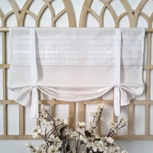 White Lace Tie Up Valance: Farmhouse Country Decor, White Panel, Window Treatment