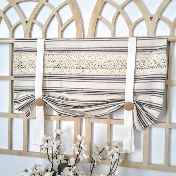 Black Stripe, Natural Lace And Ivory Tie Up Valance, Farmhouse Valance, Country Valance, Kitchen Valance, Cottage Valance, Lace Valance