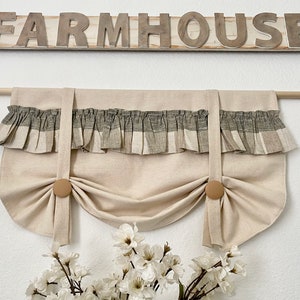 Rustic Plaid Ruffle Valance: Farmhouse Kitchen Curtain, Natural Cotton Tie-Ups