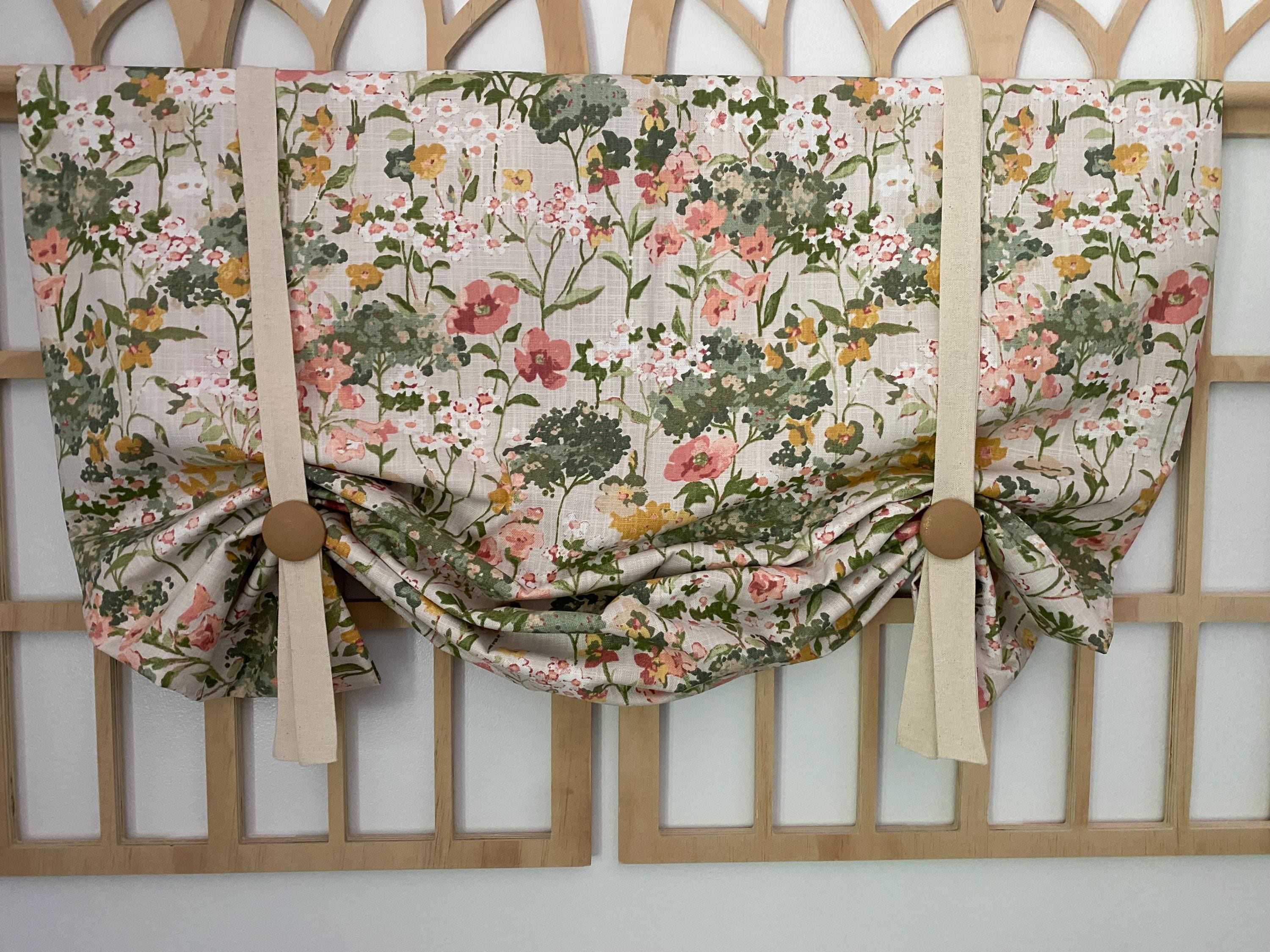 Linen Mini Floral Valance: Creamy Beige Green and Pink Farmhouse Style