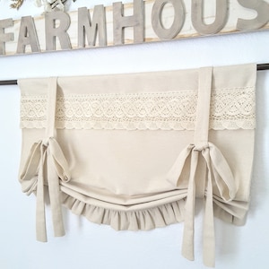 Natural Tie Up Farmhouse Valance with Lace, Country Valance, Kitchen Valance, Farmhouse Valance, Tie Up Valance, Ruffle Cottage Valance