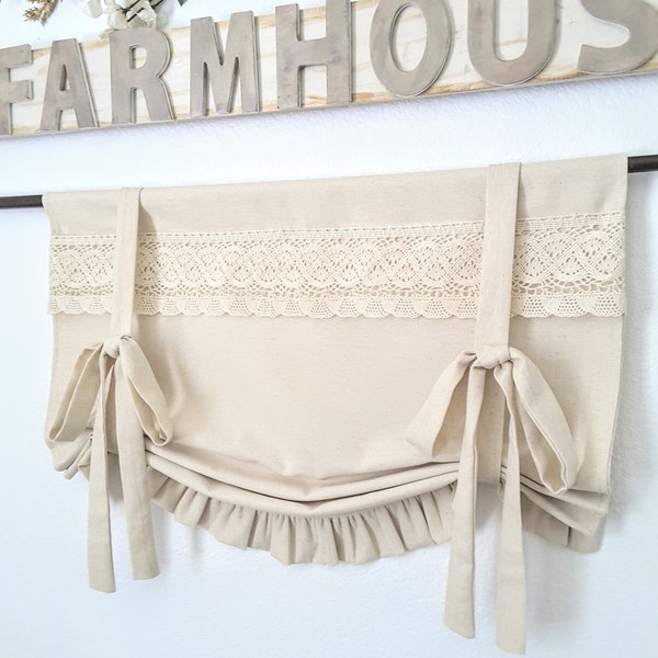 Natural Tie Up Farmhouse Valance With Lace, Country Valance, Kitchen Valance, Farmhouse Valance, Tie Up Valance, Ruffle Valance