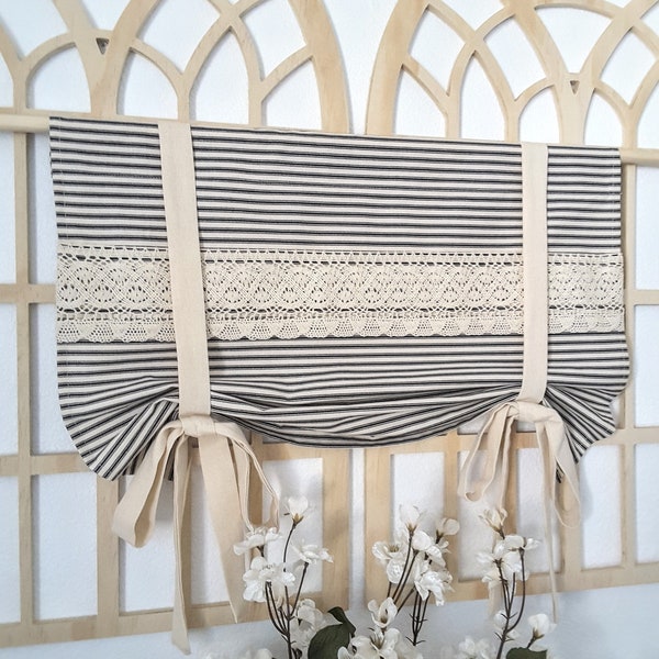 Farmhouse Black Ticking And Natural Tie Up Valance With Lace, Farmhouse Valance, Ticking Valance, Kitchen Valance, Lace Valance