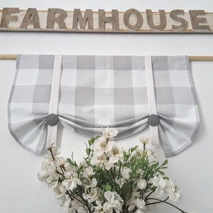 Farmhouse Gray Buffalo Plaid And White Tie Up Valance, Nursery Room Valance, Kitchen Valance, Rustic Valance, Farmhouse Valance