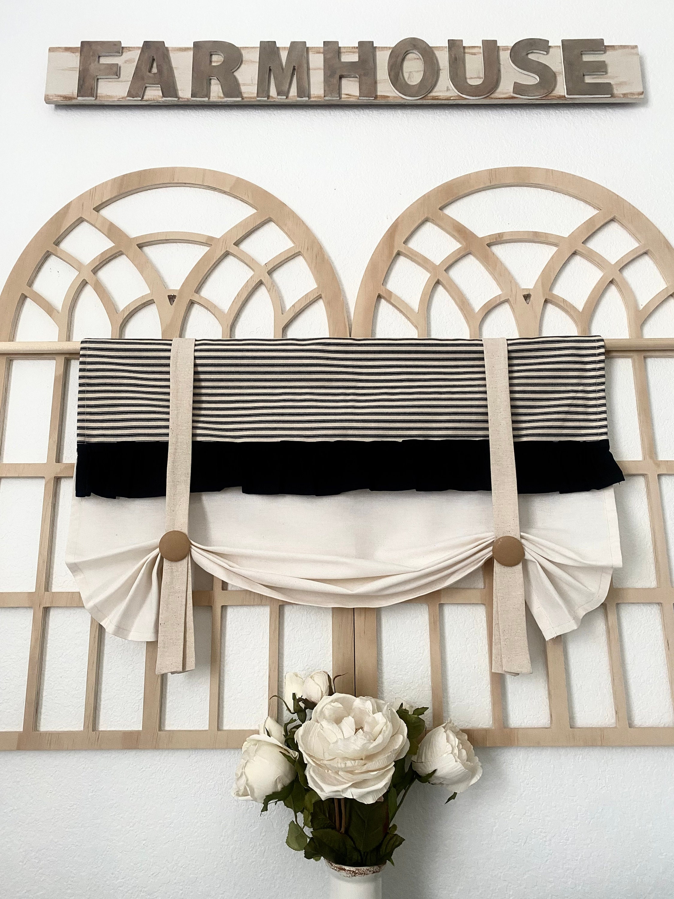 Black Ticking Stripe Farmhouse Valance: Ruffle Tie-Up Kitchen Decor