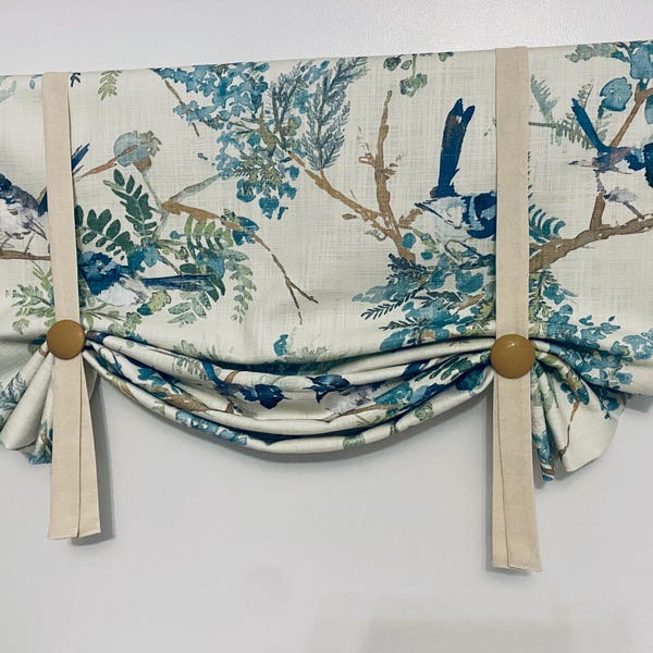 Linen Floral Birds Farmhouse Valance: Ivory & Blue Tie-Up Curtain