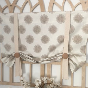 Creamy White And Light Brown Medallion Farmhouse Tie Up Valance, Kitchen Valance, Rustic Valance, Farmhouse Valance, Country Valance