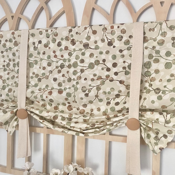 Farmhouse Tie Up Valance: Green Brown Beige Orbits, Rustic Country Decor