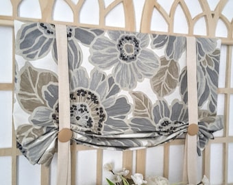 Rustic Gray Floral and Natural Tie Up Valance, Farmhouse Valance, Rustic Valance , Kitchen Valance, Country Valance, Tie Up Valance