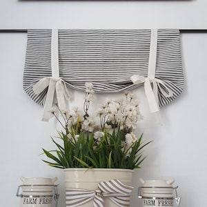 Black Ticking Farmhouse And White Tie Up Valance, Nursery Room Valance, Kitchen Valance, Rustic Valance, Farmhouse Valance