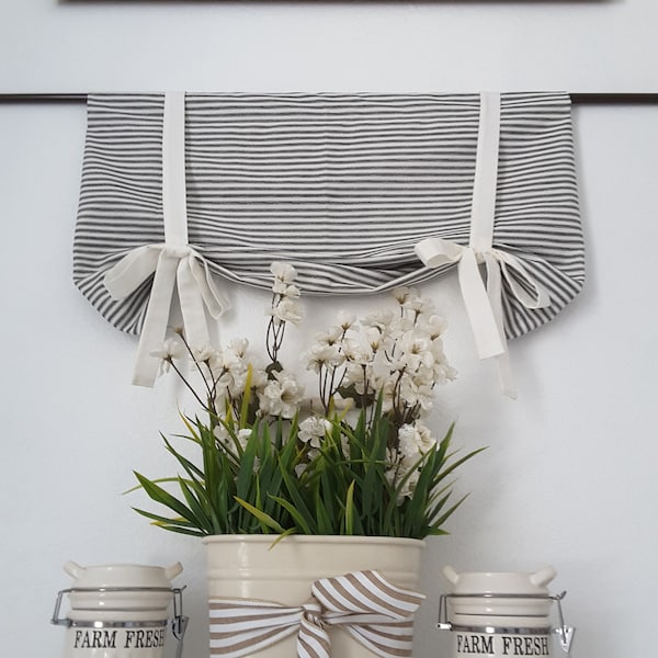 Black Ticking Farmhouse And White Tie Up Valance, Nursery Room Valance, Kitchen Valance, Rustic Valance, Farmhouse Valance