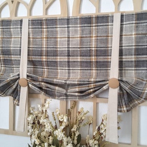 Rustic Dark Gray Plaid And Natural Tie Up Valance, Tie up Valance, Country Valance, Rustic Valance, Kitchen Valance, Farmhouse Gray Valance