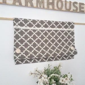 Gray and Natural Fabric Buttons Valance, Bathroom Valance, Country Valance, Rustic Valance, Kitchen Valance, Cottage Valance