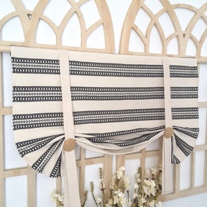 Rustic Black and Ivory Tie Up Valance: Farmhouse Decor, Stripes Curtain, Window Treatment